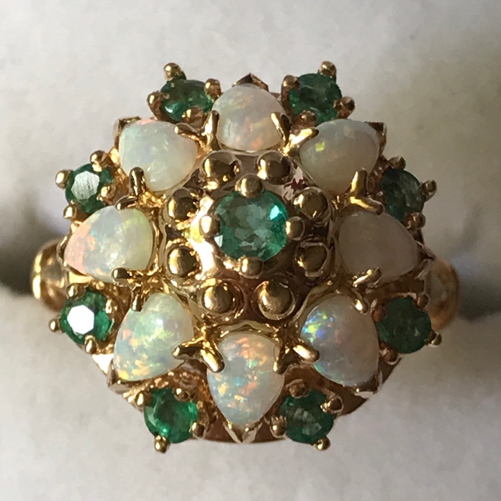 Franklin Mint 14K Emeralds Opals Gold Ring